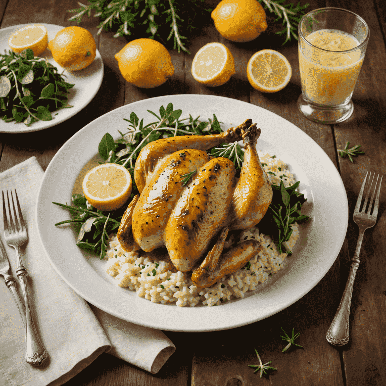 Аппетитное основное блюдо - запеченная курица с лимоном и розмарином, подается с лимонным ризотто и зеленым салатом